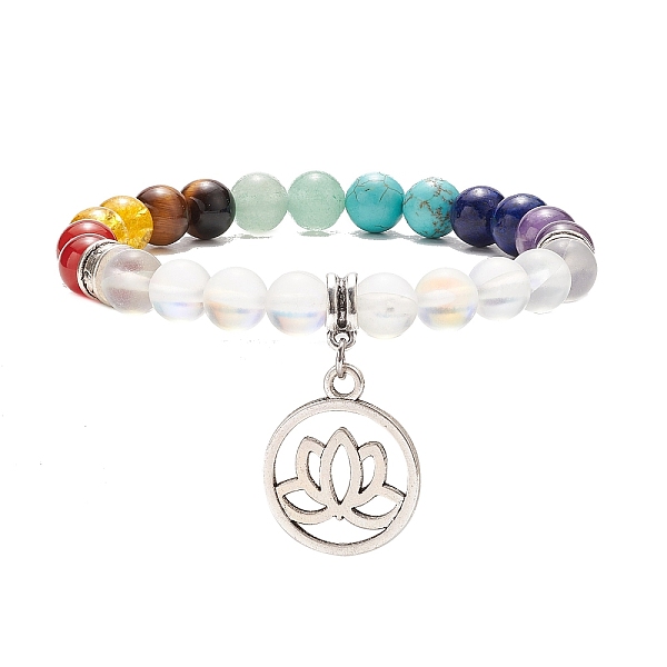 

PandaHall Synthetic Moonstone & Mixed Gemstone Stretch Bracelet with Alloy Lotus Charms, Chakra Jewelry for Women, Inner Diameter: 2-1/8...