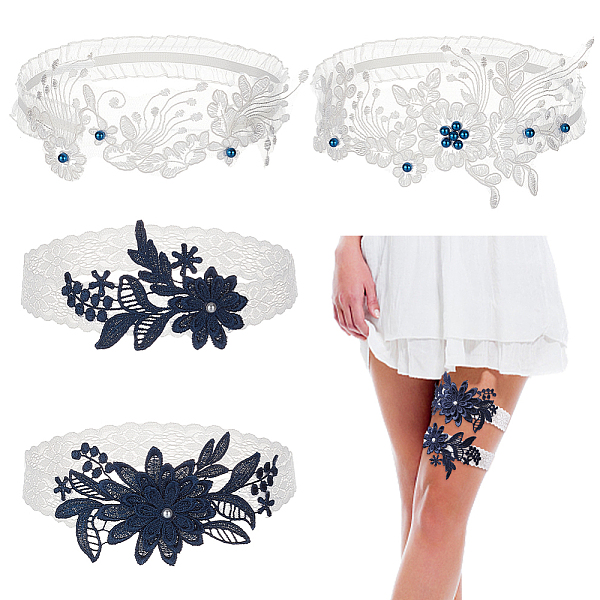 PandaHall AHANDMAKER 4 Pcs Lace Garters, Bride Wedding Garter, 2 Style Floral Pearl Stretch Leg Garter Set, Elastic Flower Thigh Ring with...