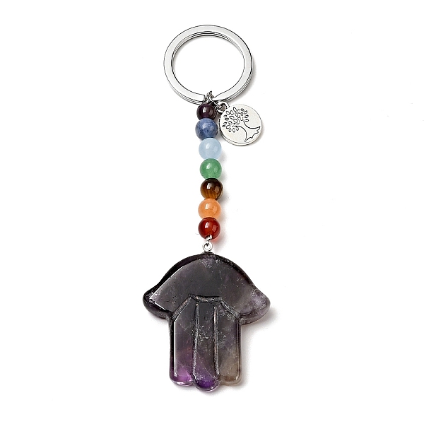 

PandaHall Natural Amethyst Chakra Keychain, with Iron Split Key Rings and Flat Round Alloy Charms, Hamsa Hand, 11.5cm Amethyst Palm
