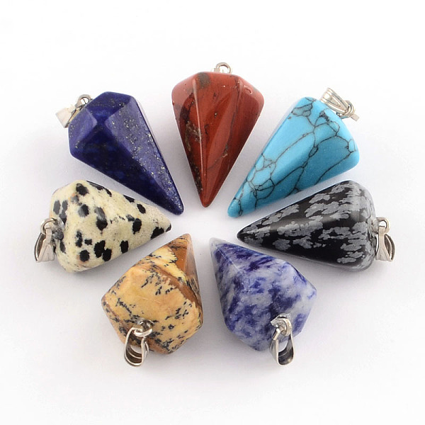 

PandaHall Cone/Spike/Pendulum Natural & Synthetic Mixed Stone Pendants, with Platinum Plated Iron Findings, 25~27x14x14mm, Hole: 6x3mm Mixed...