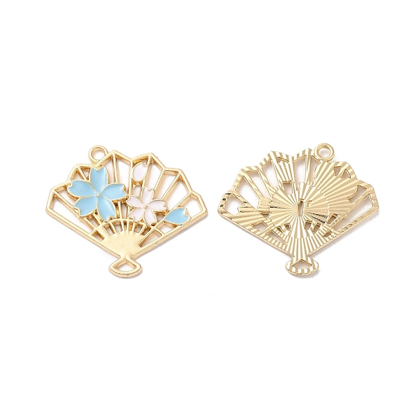 

PandaHall Alloy Enamel Pendants, Golden, Fan with Flower Charm, Light Blue, 25.5x30x2mm, Hole: 1.8mm Alloy+Enamel Fan Blue