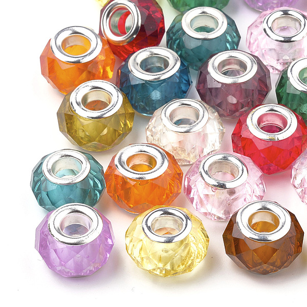 Acrylic European Beads, Large Hole Beads, with Silver Color Plated Brass Cores, Faceted, Rondelle, Mixed Color, 13-14x9-10mm, Hole: 4.5mm