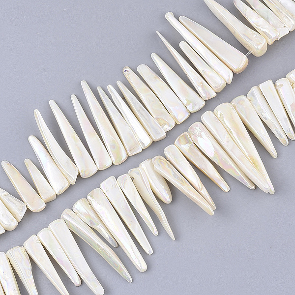 

PandaHall Freshwater Shell Beads Strands, AB Color Plated, Tusk Shape, Seashell Color, 19~48x4~8x3~6mm, Hole: 1mm, about 58~60pcs/strand...