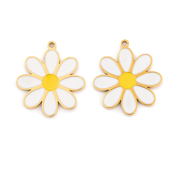 

PandaHall Ion Plating(IP) 304 Stainless Steel Pendants, with Enamel, Real 18K Gold Plated, Flower Charm, White, 16.5x15x1.5mm, Hole: 1mm...
