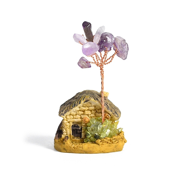 PandaHall Resin Display Decorations, Reiki Energy Stone Feng Shui Ornament, with Natural Amethyst Tree and Copper Wire, House, 38x30x55~65mm...