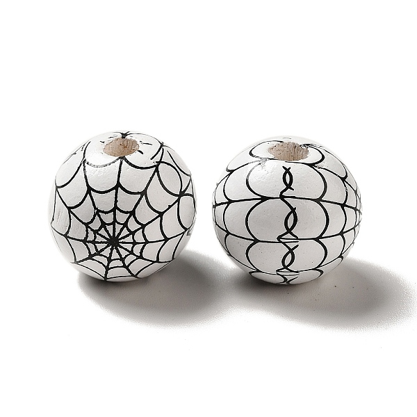 

PandaHall Halloween Printed Spider Webs Colored Wood European Beads, Large Hole Beads, Round, White, 16mm, Hole: 4mm Wood Round White
