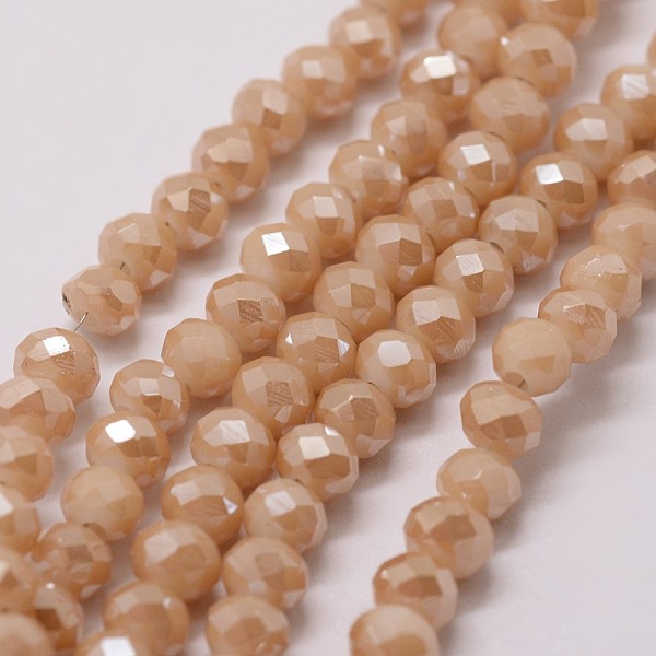 

PandaHall Electroplate Glass Bead Strands, Rondelle, Faceted, Pearl Luster Plated, PeachPuff, 4x3mm, Hole: 1mm, about 130~135pcs/strand..., Brown