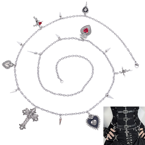 1Pc Gothic Theme Alloy Heart Cross Rose Flower Rivet Pendant Waist Belly Chains