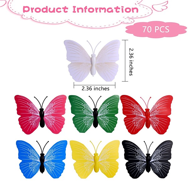 

PandaHall 70Pcs 7 Colors PVC Plastic Butterfly Decorations, with Adhesive Sticker and Magnet, for Fridge Magnets or Wall Decorations, Mixed..., Multicolor