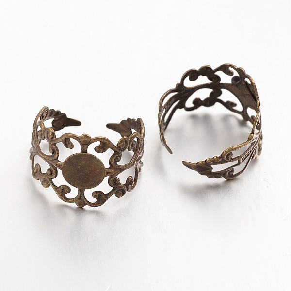 

PandaHall Cuff Antique Bronze Plated Brass Cuff Rings, Open Rings Components, Nickel Free, Antique Bronze, Tray: 8mm, 10~16mm Brass