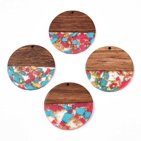 

PandaHall Transparent Resin & Walnut Wood Pendants, with Gold Foil, Flat Round Charms, Camellia, 38.5x3mm, Hole: 2mm Resin+Wood Flat Round..., Pink
