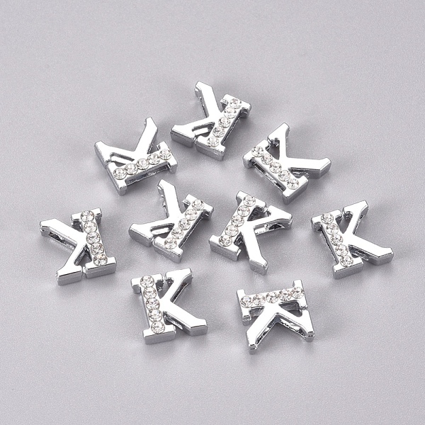 

PandaHall Alloy Slide Charms, with Crystal Rhinestone, Letter, Platinum, Letter.K, K: 11.5x11x4.5mm, Hole: 2x8mm Alloy+Rhinestone Letter K..., Clear