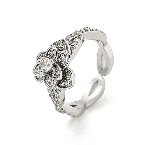 

PandaHall Brass Micro Pave Cubic Zirconia Cuff Rings, Flower Open Ring for Women, Long-Lasting Plated, Platinum, Adjustable Brass+Cubic..., Clear