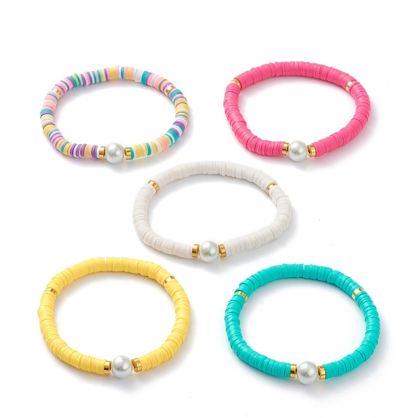 

PandaHall Handmade Polymer Clay Heishi Beads Stretch Bracelets, with Brass Spacer Beads and Round Glass Pearl Beads, Mixed Color, Inner..., Multicolor