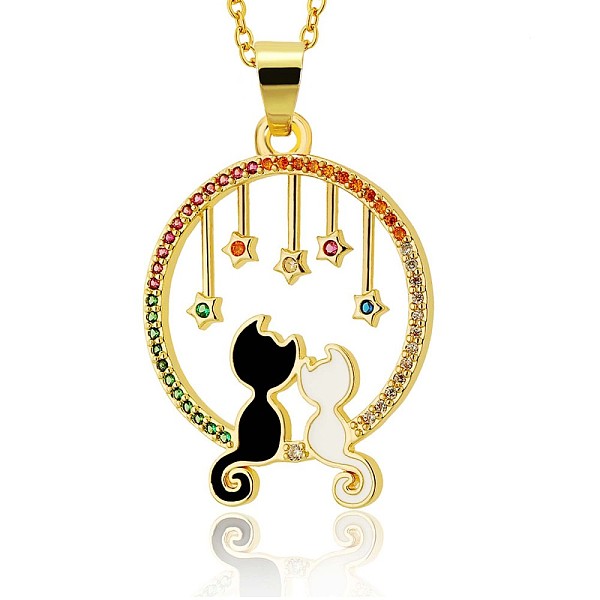

PandaHall Full Moon with Double Cat and Star Pendant Necklace, Jewelry Mother’s Day Gift for Women, Golden, Black, 16.34 inch(41.5cm) Brass...
