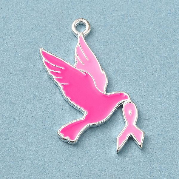 PandaHall Breast Cancer Pink Awareness Ribbon Theme Alloy Enamel Pendants, Silver, Bird, 27x15.5x1.4mm, Hole: 1.5mm Alloy+Enamel Bird Pink