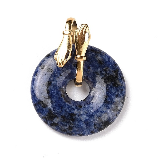 

PandaHall Natural Blue Spot Jasper Pendants, with Ion Plating(IP) Golden Tone 304 Stainless Steel Findings, Hand with Donut/Pi Disc Charm...