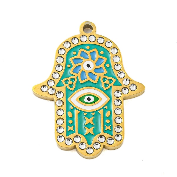 

PandaHall Ion Plating(IP) 304 Stainless Steel Rhinestone Pendants, with Enamel, Hamsa Hand with Flower & Evil Eye Charm, Real 18K Gold...