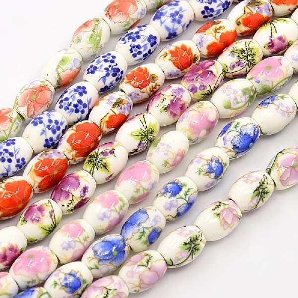 

PandaHall Handmade Flower Printed Porcelain Barrel Beads Strands, Mixed Color, 10x8mm, Hole: 2.5mm, about 35pcs/strand, 14.56 inch Porcelain..., Multicolor