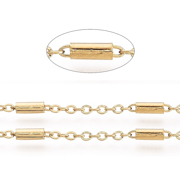 

PandaHall Ion Plating(IP) 304 Stainless Steel Cable Chains, with Tube Beads, Soldered, with Spool, Flat Oval, Golden, Tube Beads: 54x28mm...