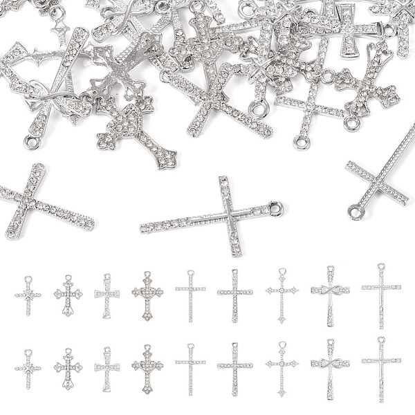 

PandaHall 36Pcs 9 Styles Religion Themed Alloy Pendants, with Crystal Rhinestone, Cross Charms, Platinum, 25.5~34x15~21x2~4mm, Hole..., Clear