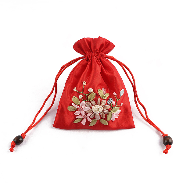 PandaHall Flower Pattern Satin Jewelry Packing Pouches, Drawstring Gift Bags, Rectangle, Red, 14x10.5cm Cloth Rectangle Red