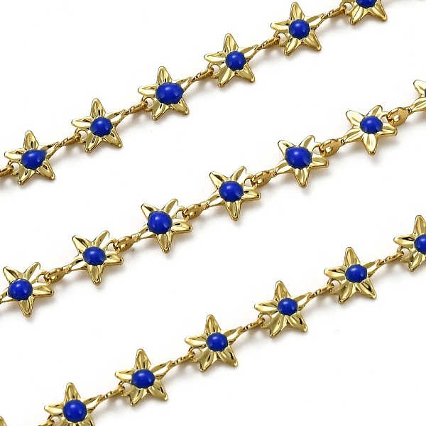 

PandaHall Brass Link Chains, with Enamel, Spool, Long-Lasting Plated, Unwelded, Star, Golden, Medium Blue, Link: 9x6.1x1.5mm Brass+Enamel