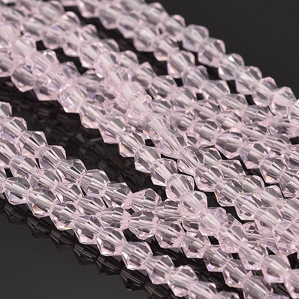 

PandaHall Bicone Glass Beads Strands, Faceted, Pearl Pink, 4x4mm, Hole: 1mm, about 92~96pcs/strand, 13.78~14.37 inch Glass Bicone Pink