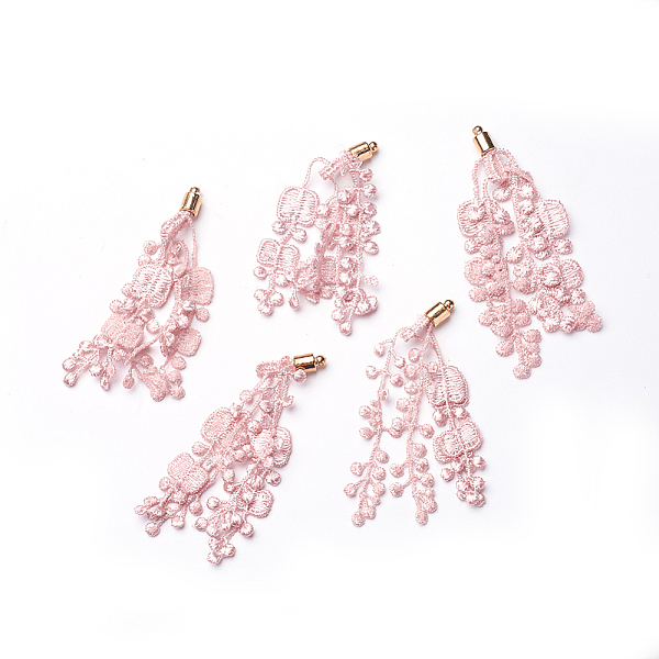 PandaHall CCB Plastic Big Pendants, with Lace, Flower, Golden, Misty Rose, 70~90x6mm, Hole: 1.6mm Cloth Flower Red