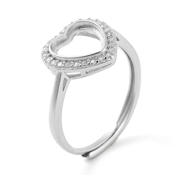 

PandaHall Heart Adjustable 925 Sterling Silver Ring Components, with Cubic Zirconia, Open Bezel Setting, Real Platinum Plated, US Size 7 1/4..., Clear