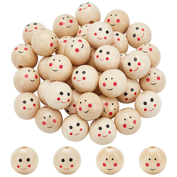 PandaHall 2 Bags 2 Styles Wood European Beads, Large Hole Beads, Round with Smiling Face, Wheat, 24mm, Hole: 5mm, 20pcs/bag, 1 bag/style...