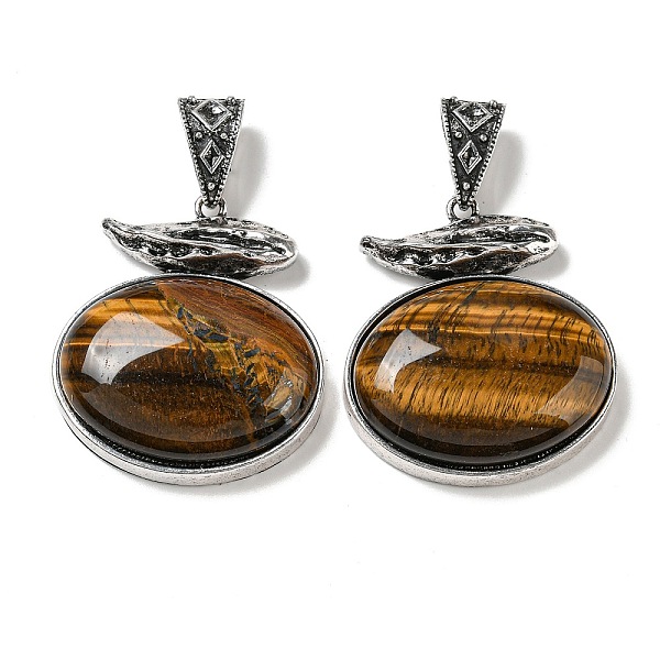 

PandaHall Natural Tiger Eye Pendants, Antique Silver Plated Alloy Oval Charms, 47x42x13mm, Hole: 16x7mm Tiger Eye