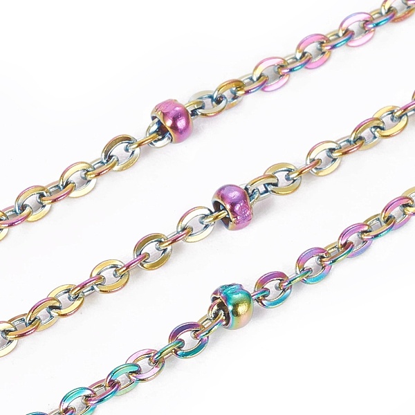 

PandaHall Ion Plating(IP) 304 Stainless Steel Cable Chains, Satellite Chains, with Spool and Beads, Soldered, Rainbow Color...