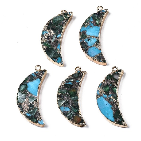 

PandaHall Assembled Natural Bronzite & Synthetic Turquoise & Imperial Jasper Pendants, with Light Gold Iron Loop and Brass Edge, Moon, Deep...