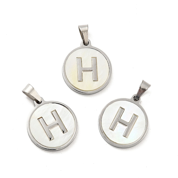 

PandaHall 304 Stainless Steel with White Shell Pendants, Stainless Steel Color, Flat Round with Letter Charm, Letter.H, 18x16x1.5mm, Hole...