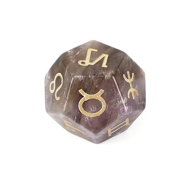 

PandaHall Natural Amethyst Classical 12-Sided Polyhedral Dice, Engrave Twelve Constellations Divination Game Toy, 20x20mm Amethyst Polygon