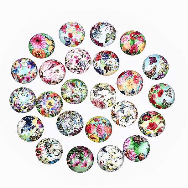 

PandaHall Glass Cabochons, Half Round with Butterfly Pattern, Mixed Color, 25x7.5mm, 24pcs/set Glass Half Round Multicolor