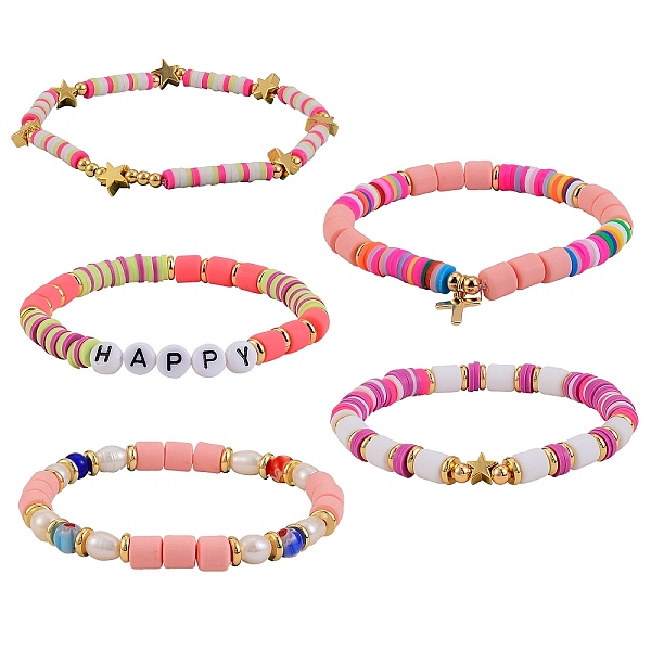 

PandaHall 5Pcs 5 Style Handmade Polymer Clay Beads Stretch Bracelets Sets, with Brass Beads and Acrylic Enamel Beads, HAPPY, Mixed Color..., Multicolor