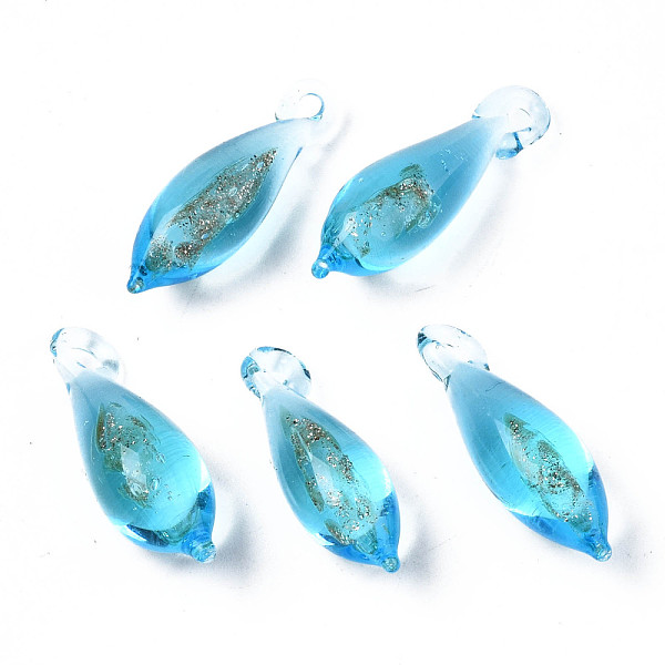 

PandaHall Handmade Gold Sand Lampwork Pendants, Teardrop, Deep Sky Blue, 24~27x7.5mm, Hole: 1.2~2mm Lampwork Teardrop