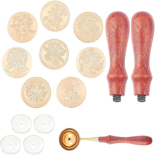 PandaHall CRASPIRE 15 Pieces Wax Seal Stamp Set with 8PCS Flower Wax Seal Stamp Heads, 2PCS Handles, 4PCS Candles, Wax Melting Spoon for...