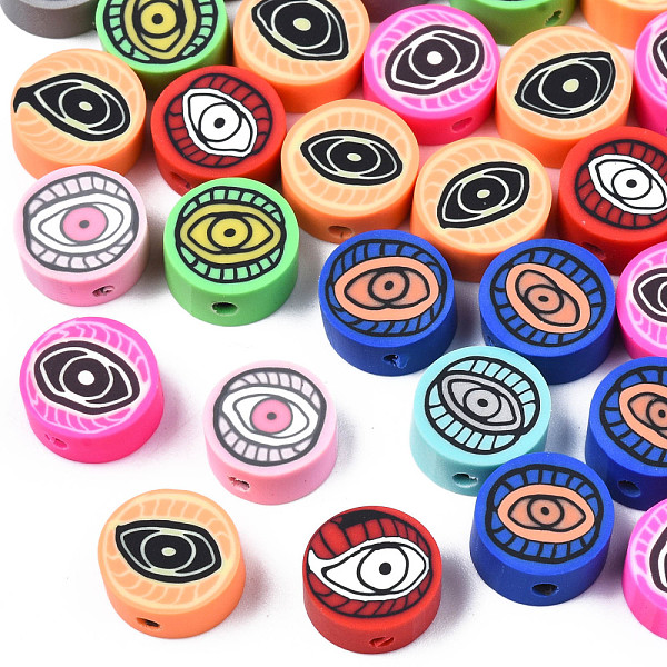 

PandaHall Handmade Polymer Clay Beads, Flat Round with Eye, Mixed Color, 9~10x4~4.5mm, Hole: 1.6mm Polymer Clay Flat Round Multicolor