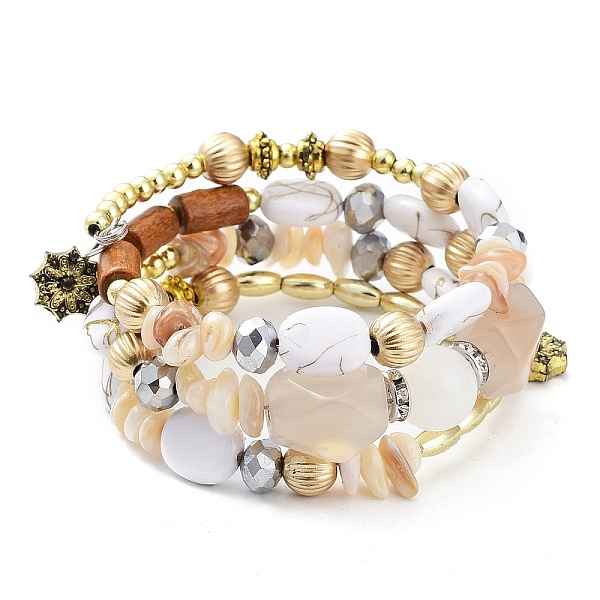 

PandaHall Alloy & Resin Beads Three Loops Wrap Style Bracelet, Bohemia Style Bracelet for Women, White, 7-1/8 inch(18cm) Resin White