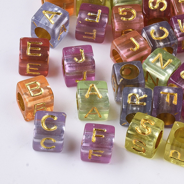 

PandaHall Transparent Plated Acrylic Beads, Horizontal Hole, Cube with Random Initial Letter, Mixed Color, 6x6x6mm, Hole: 3.5mm, about..., Multicolor