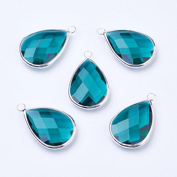 

PandaHall Silver Color Plated Brass Glass Teardrop Pendants, Faceted, Teal, 18x10x5mm, Hole: 2mm Brass+Glass Teardrop Cyan