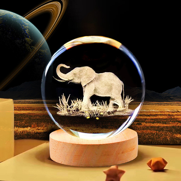 Glas 3D Lasergravierte Elefanten-Kristallkugel Mit Holzständer