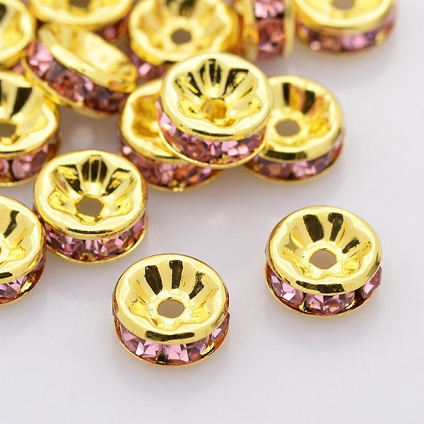 

PandaHall Brass Rhinestone Spacer Beads, Grade A, Straight Flange, Golden Metal Color, Rondelle, Light Rose, 6x3mm, Hole: 1mm..., Pink