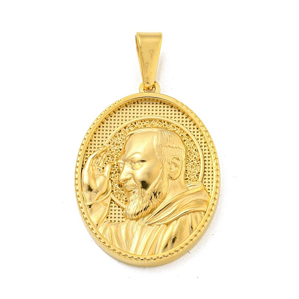

PandaHall Ion Plating(IP) 304 Stainless Steel Pendants, Oval with Saint Charm, Golden, 35.5x26x4mm, Hole: 9.5x5mm 304 Stainless Steel Oval