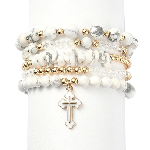 

PandaHall 5Pcs 5 Style Natural Howlite & Synthetic Hematite & Glass Beaded Stretch Bracelets Set, Alloy Enamel Cross Charms Stackable...