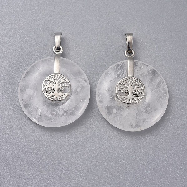 

PandaHall Natural Quartz Crystal Pendants, Rock Crystal Pendants, with Platinum Tone Brass Findings, Donut/Pi Disc with Tree of Life..., White