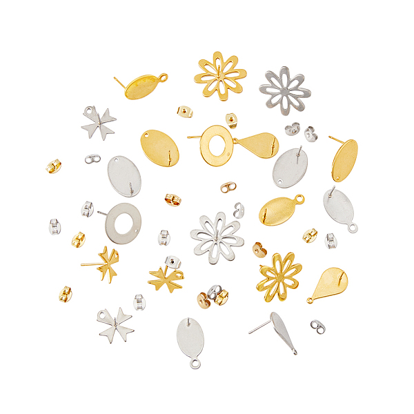 

PandaHall SUPERFINDINGS 24Pcs 12 Style 201 Stainless Steel Stud Earring Findings, with 304 Stainless Steel Pins & Ear Nuts, Oval & Teardrop...